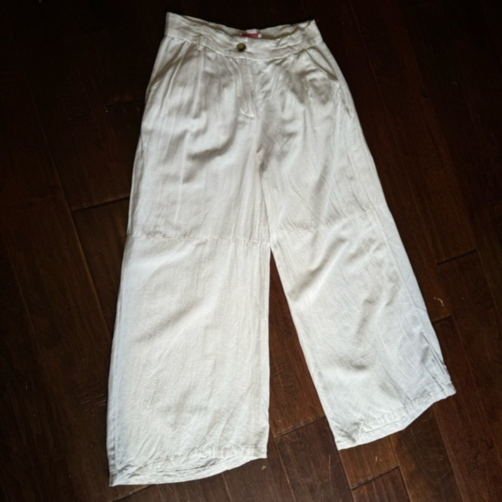 Oxolloxo white cotton trousers wide leg capri skinny belt loops pockets fr & bk